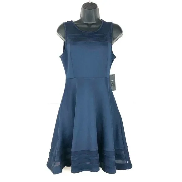 LULU’s Blue Sheer Determination Navy Blue Mesh Skater Dress Small New With Tags - Picture 2 of 10